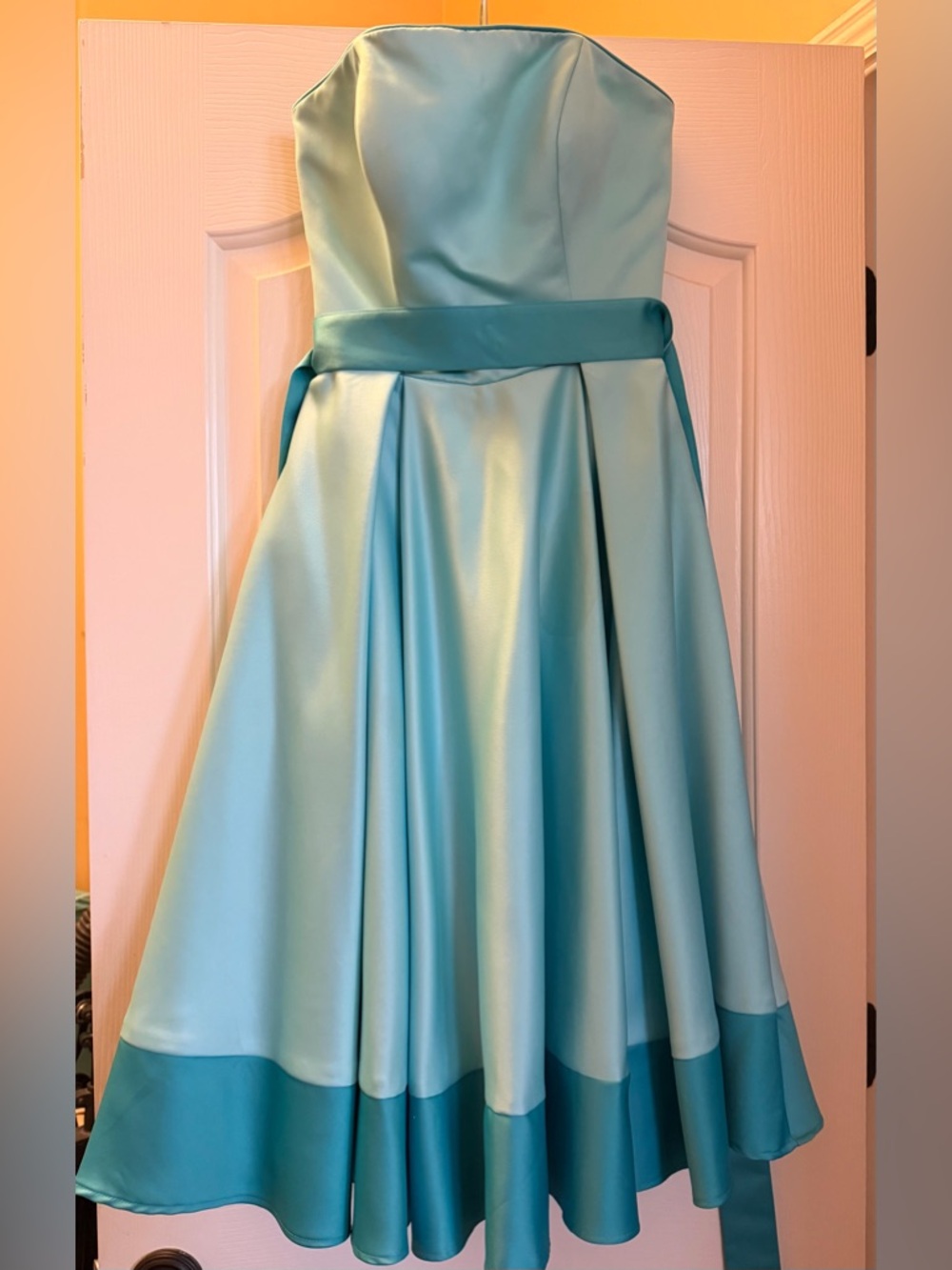 Mori Lee Strapless Aqua Satin Dress with Deeper Aqua Hem